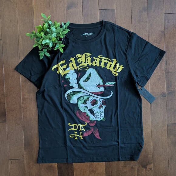 ED HARDY RHINESTONE SKULL COWBOY VINTAGE Y2K TSHIRT - Picture 1 of 2